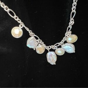 Lucky Brand 20” silver tone Figaro link faux pearl necklace Boho/beachy vibes